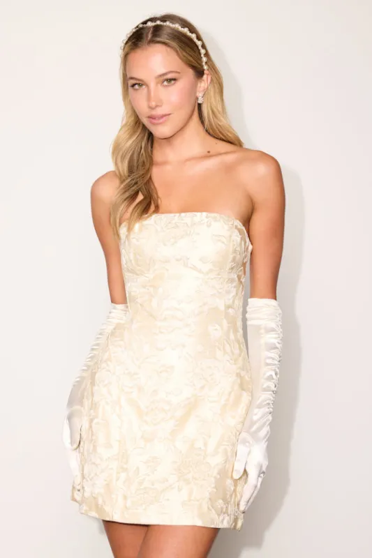 Rhodea Champagne Floral Jacquard Strapless Mini Dress made by Lulus