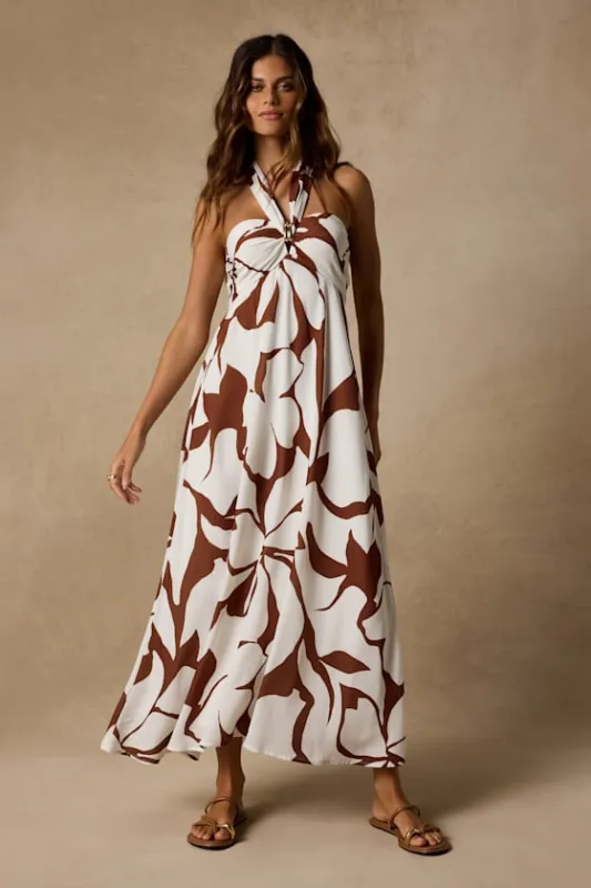 Adalina Brown and White Floral Halter Midi Dress made by Lulus