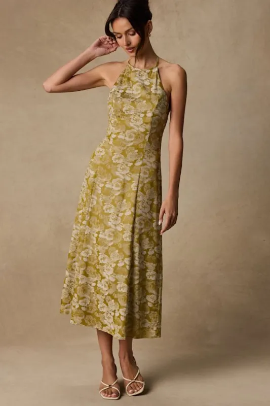 Caida Chartreuse Floral Satin Halter Midi Dress made by Lulus