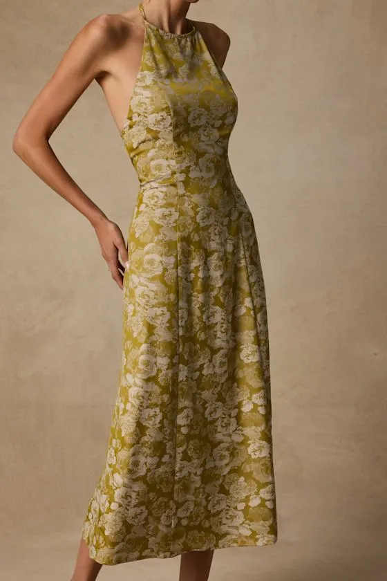 Caida Chartreuse Floral Satin Halter Midi Dress sold by Lulus product image thumbnail 2