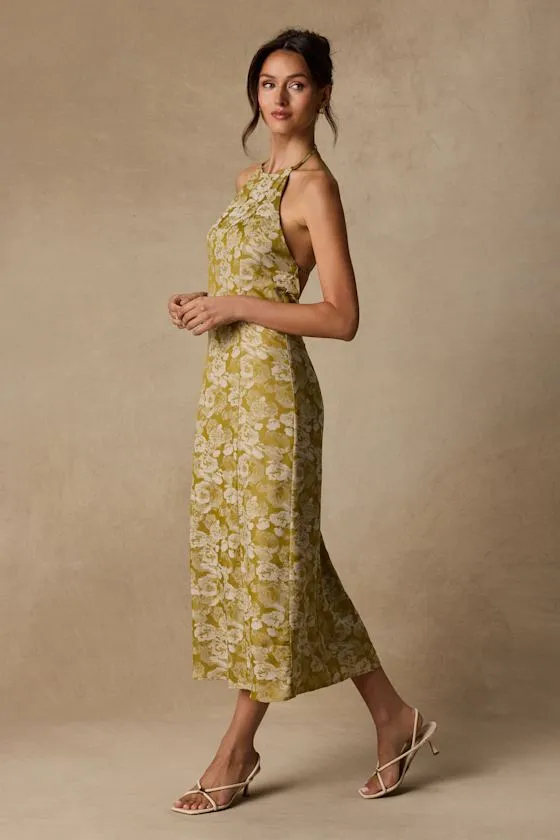 Caida Chartreuse Floral Satin Halter Midi Dress sold by Lulus product image thumbnail 4