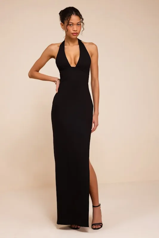 Ellisyn Black Ponte Knit Halter Maxi Dress made by Lulus
