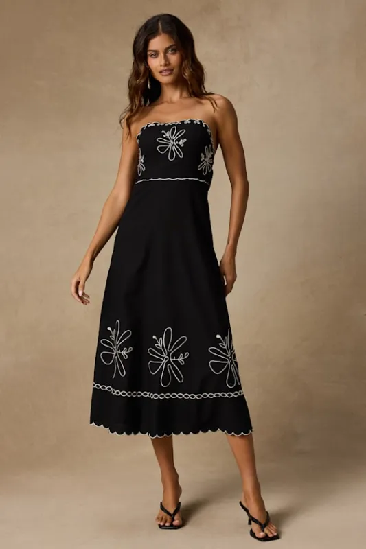 Leticia Black Linen Embroidered Tie-Back Midi Dress made by Lulus