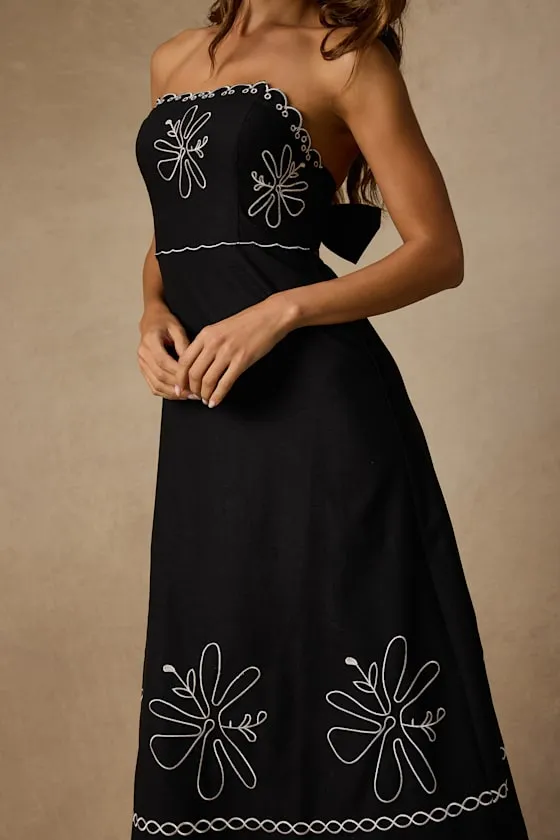 Leticia Black Linen Embroidered Tie-Back Midi Dress sold by Lulus product image thumbnail 2