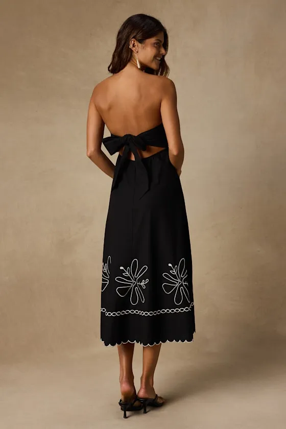 Leticia Black Linen Embroidered Tie-Back Midi Dress sold by Lulus product image thumbnail 3