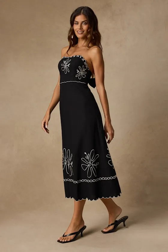 Leticia Black Linen Embroidered Tie-Back Midi Dress sold by Lulus product image thumbnail 4