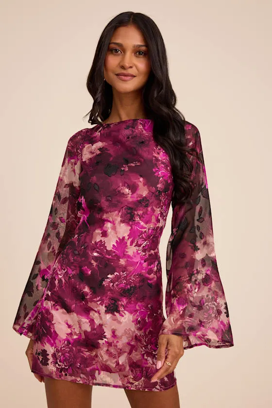Jaleen Plum Floral Jacquard Bell Sleeve Mini Dress sold by Lulus