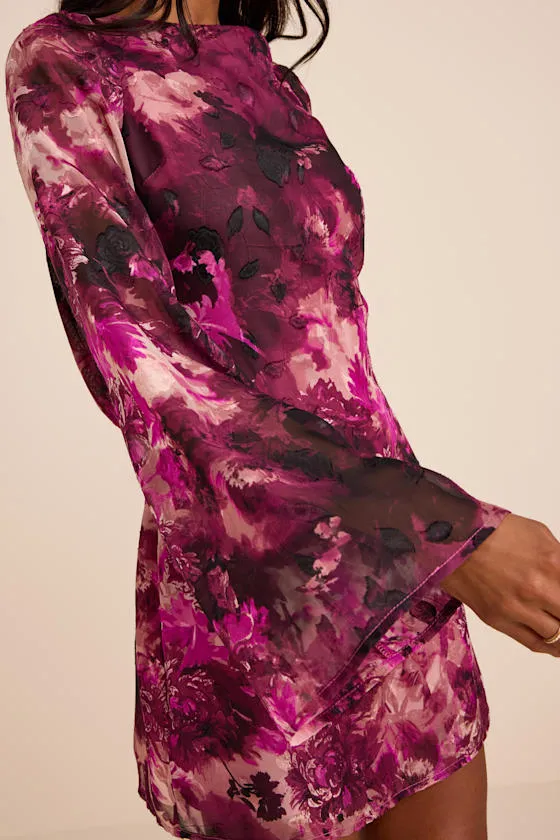 Jaleen Plum Floral Jacquard Bell Sleeve Mini Dress sold by Lulus product image thumbnail 4