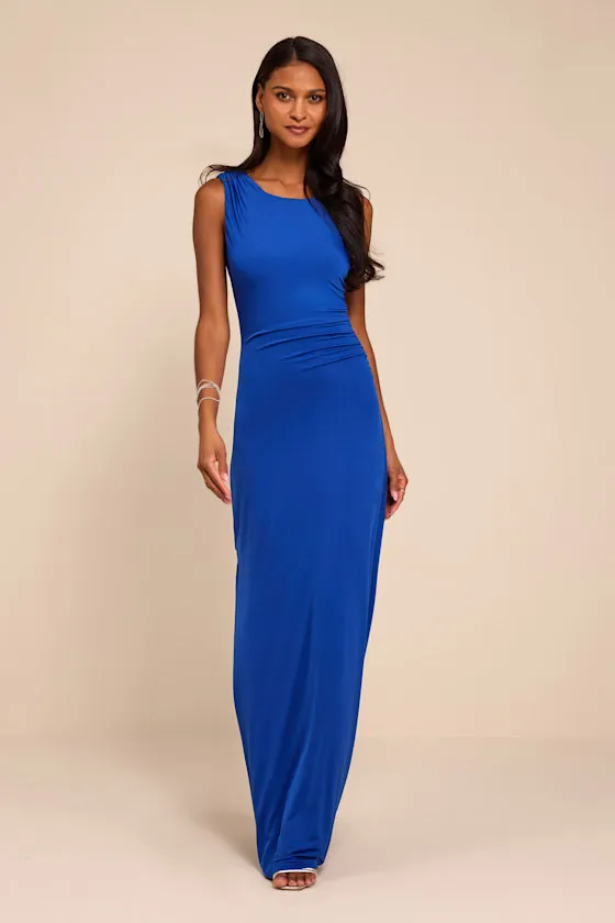 Significant Allure Blue Slinky Knit Ruched Maxi Dress sold by Lulus