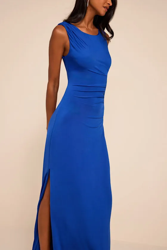 Significant Allure Blue Slinky Knit Ruched Maxi Dress sold by Lulus product image thumbnail 2