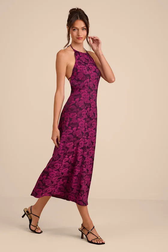 Caida Plum Floral Satin Halter Midi Dress sold by Lulus