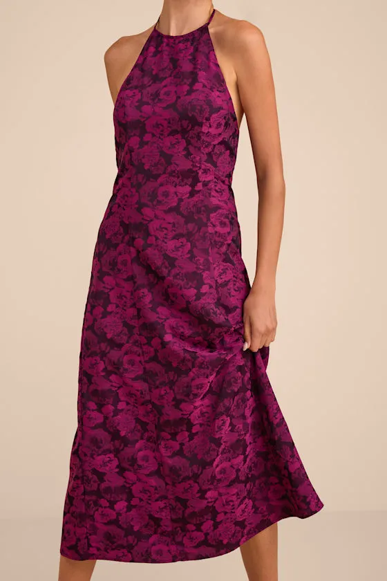 Caida Plum Floral Satin Halter Midi Dress sold by Lulus product image thumbnail 2