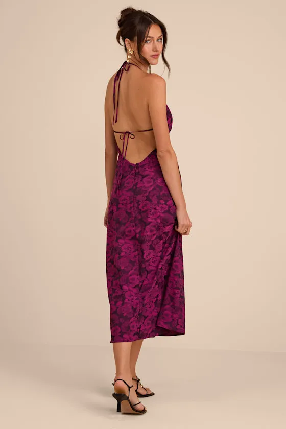 Caida Plum Floral Satin Halter Midi Dress sold by Lulus product image thumbnail 3