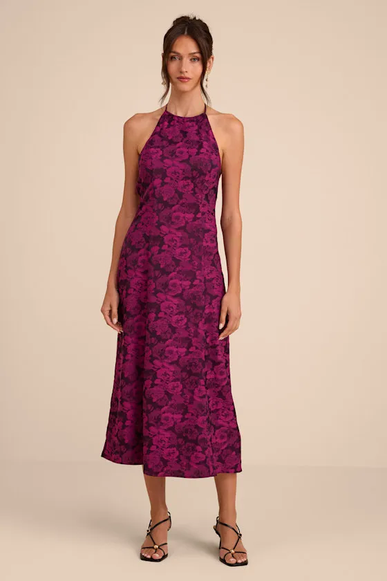 Caida Plum Floral Satin Halter Midi Dress sold by Lulus product image thumbnail 4