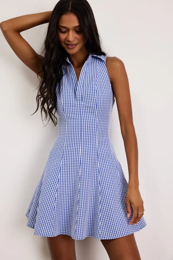 Zenley Blue Gingham Collared Skater Mini Dress sold by Lulus