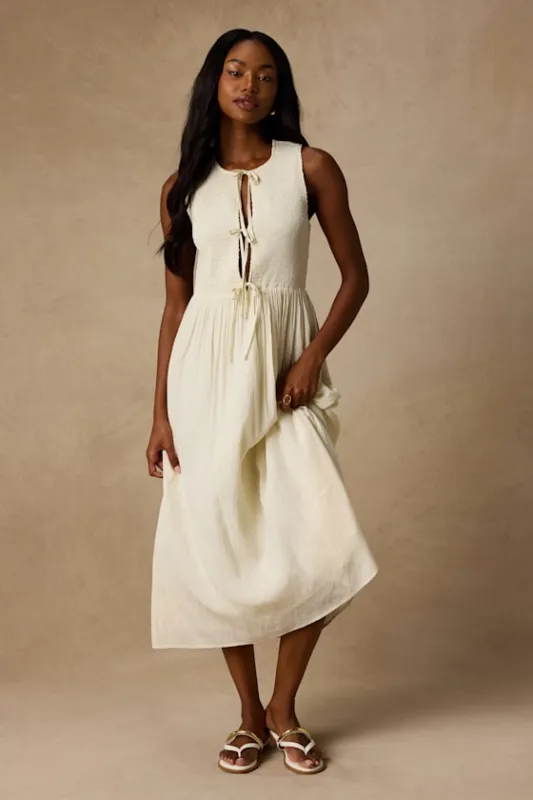 Nala Ivory Smocked Tie-Front Midi Dress made by Lulus