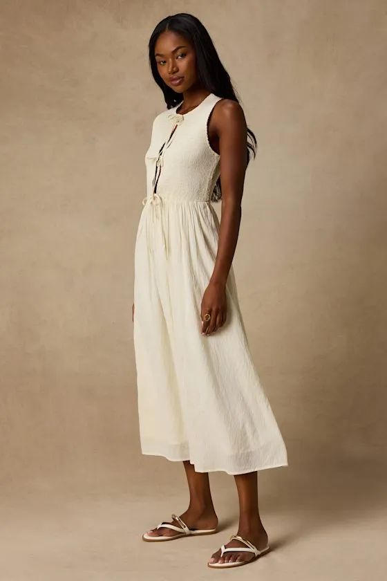 Nala Ivory Smocked Tie-Front Midi Dress sold by Lulus product image thumbnail 4