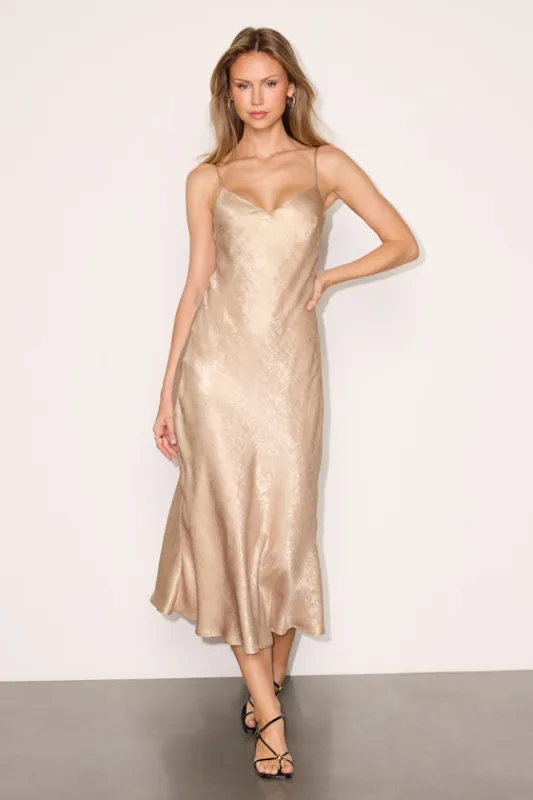 Stellina Gold Metallic Satin Cowl Back Midi Dress made by Lulus