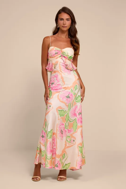 Cattina Blush Multi Floral Satin Tie-Back Maxi Dress made by Lulus