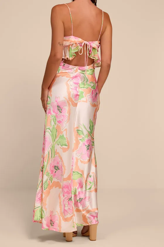Cattina Blush Multi Floral Satin Tie-Back Maxi Dress sold by Lulus product image thumbnail 3