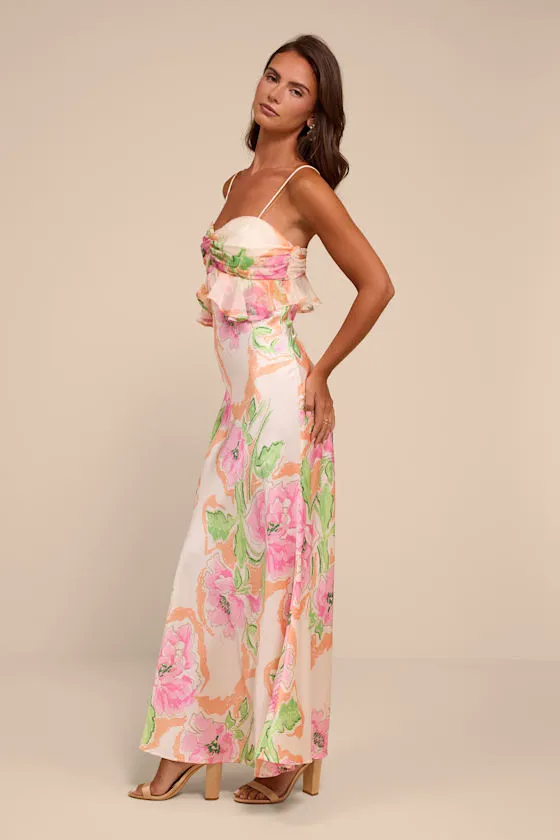 Cattina Blush Multi Floral Satin Tie-Back Maxi Dress sold by Lulus product image thumbnail 4
