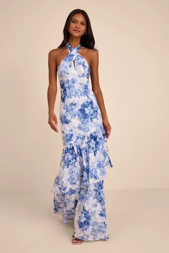 Eloria White and Blue Floral Halter Maxi Dress sold by Lulus