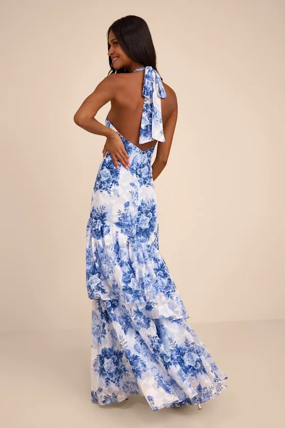 Eloria White and Blue Floral Halter Maxi Dress sold by Lulus product image thumbnail 3