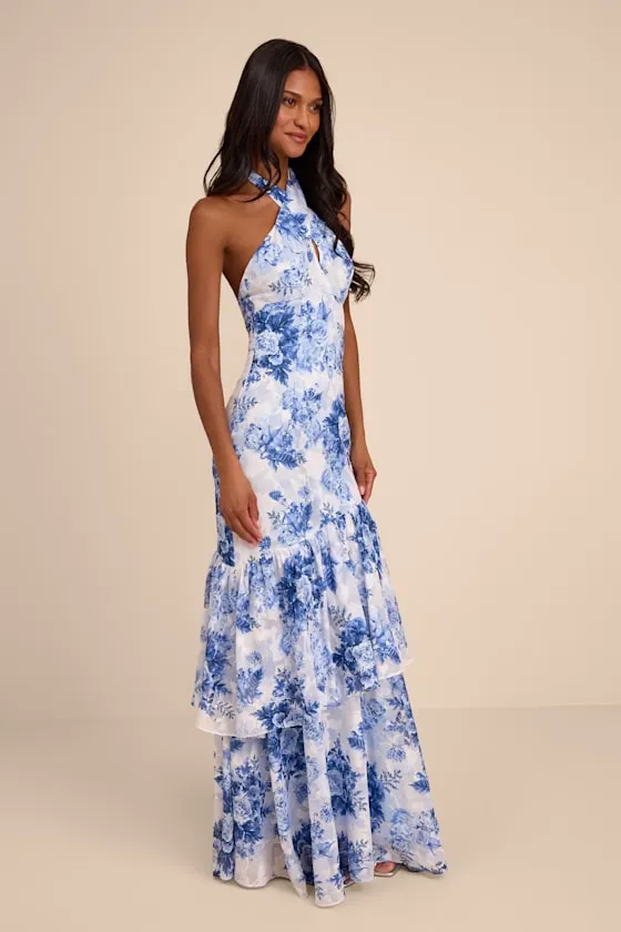 Eloria White and Blue Floral Halter Maxi Dress sold by Lulus product image thumbnail 4
