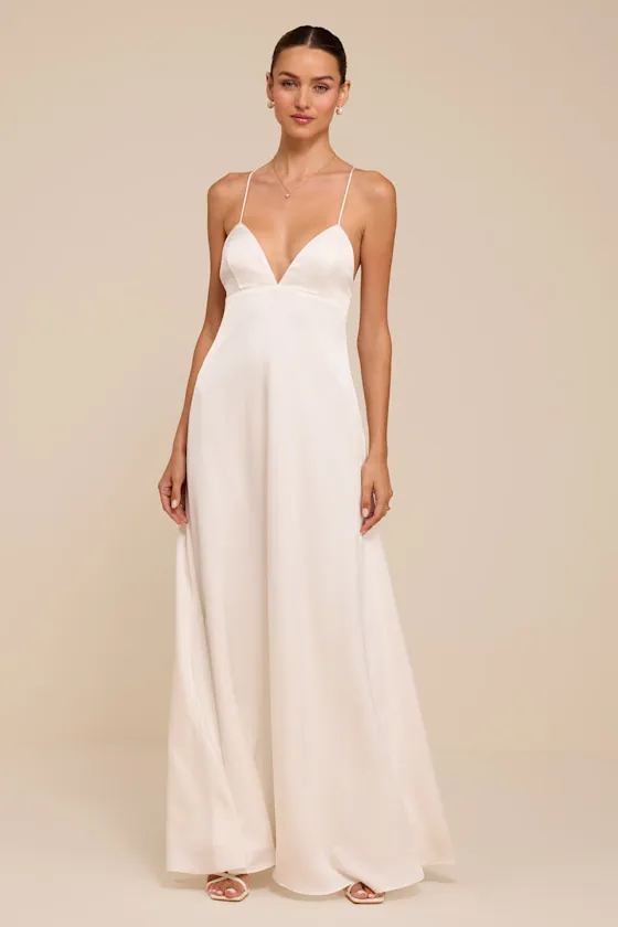 Lupita White Satin Tie-Back Maxi Dress sold by Lulus