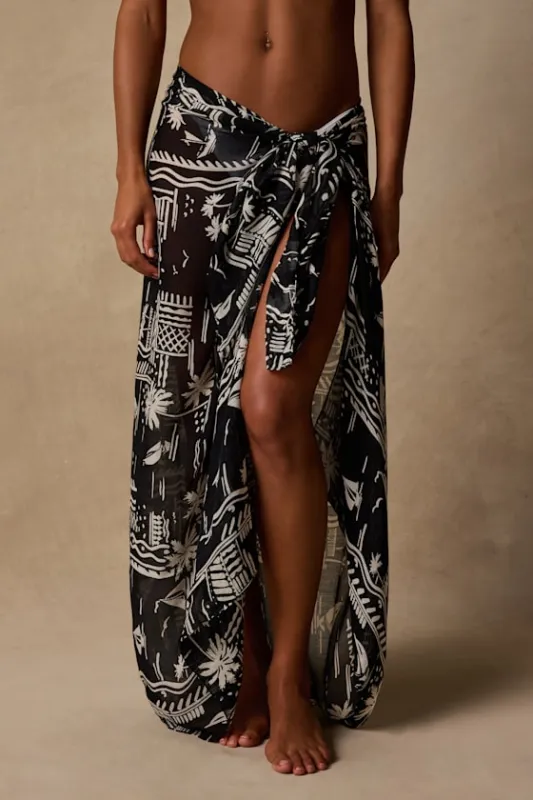 Sunset Coast Black Tropical Print Sarong Swim Cover-Up made by Lulus