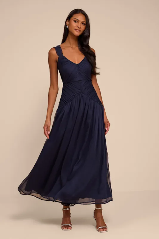 Laufey Navy Blue Pleated Drop Waist Midi Dress made by Lulus