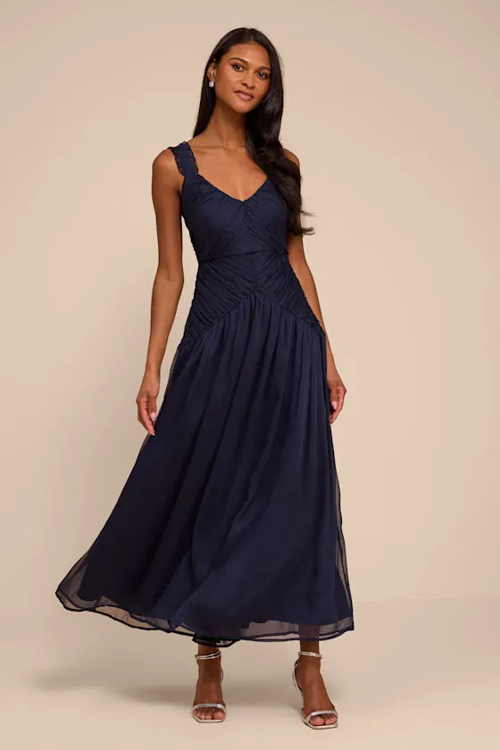 Laufey Navy Blue Pleated Drop Waist Midi Dress sold by Lulus