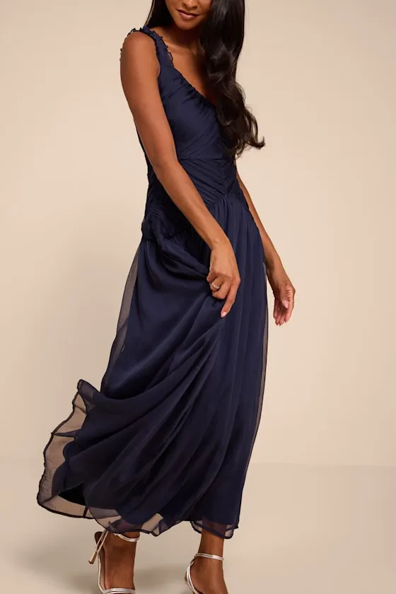 Laufey Navy Blue Pleated Drop Waist Midi Dress sold by Lulus product image thumbnail 2