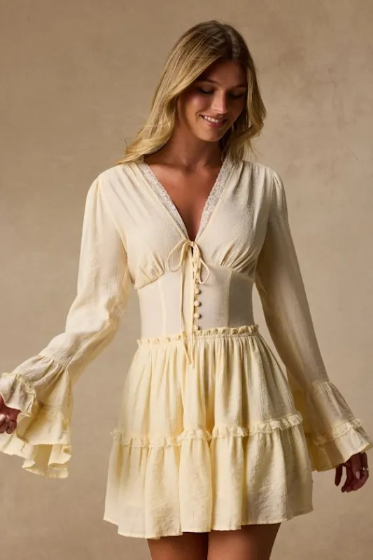 Ayaana Pale Yellow Long Sleeve Tiered Mini Dress made by Lulus