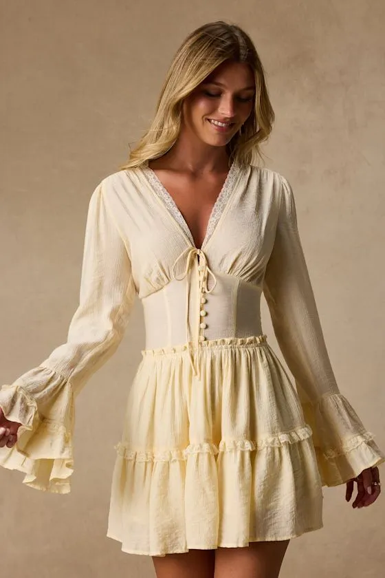 Ayaana Pale Yellow Long Sleeve Tiered Mini Dress sold by Lulus