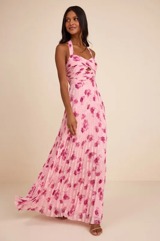 Krystal Light Pink Floral Pleated Halter Maxi Dress made by Lulus