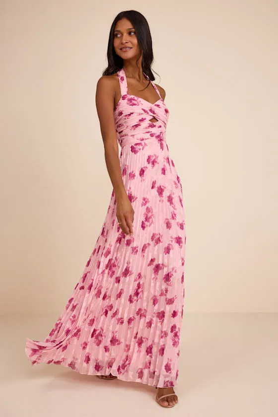 Krystal Light Pink Floral Pleated Halter Maxi Dress sold by Lulus