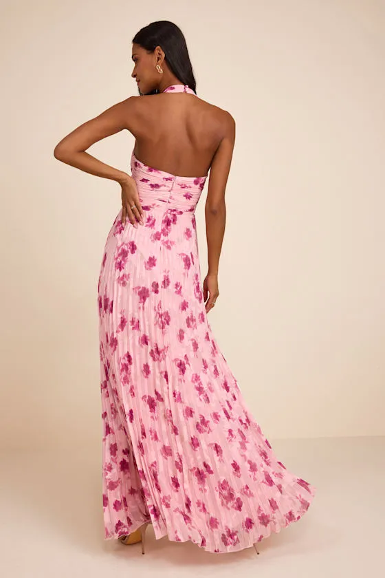Krystal Light Pink Floral Pleated Halter Maxi Dress sold by Lulus product image thumbnail 3