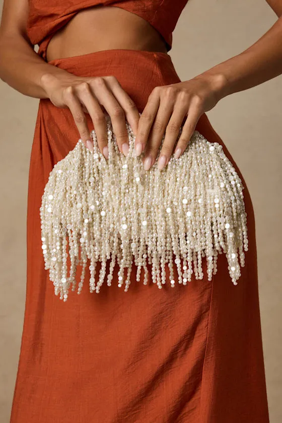 Excellency White Beaded Fringe Crossbody Clutch sold by Lulus