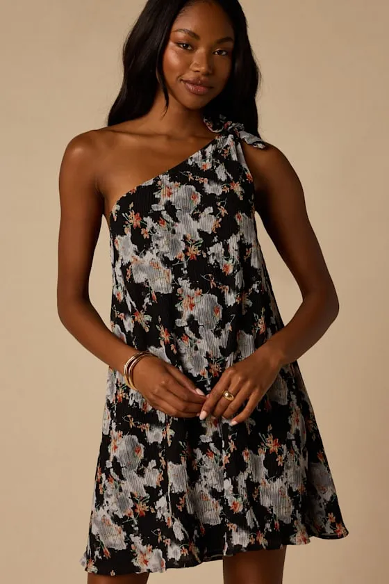 Aralia Black Multi Floral One-Shoulder Shift Mini Dress sold by Lulus