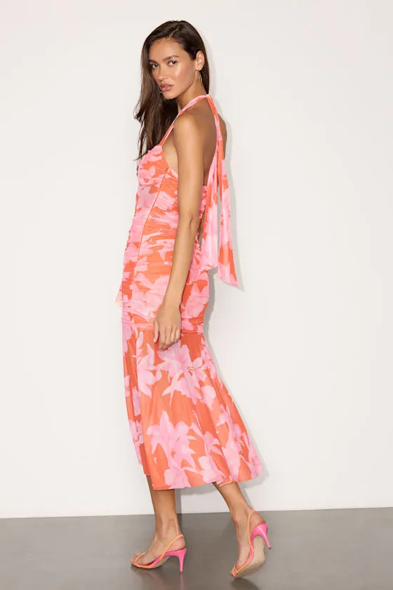 Keyla Orange and Pink Floral Mesh Ruched Midi Dress sold by Lulus product image thumbnail 3