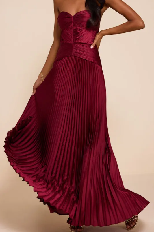 Elkay Burgundy Pleated Satin Drop Waist Maxi Dress made by Lulus