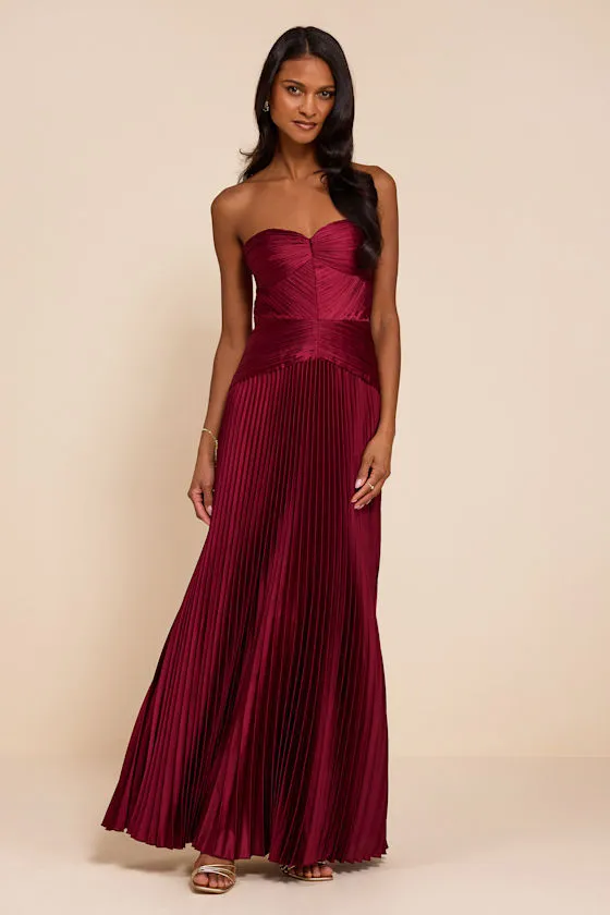 Elkay Burgundy Pleated Satin Drop Waist Maxi Dress sold by Lulus product image thumbnail 2