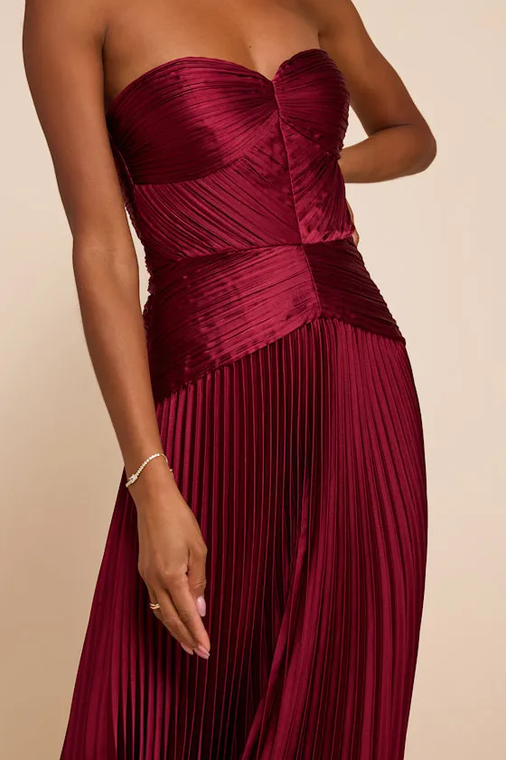 Elkay Burgundy Pleated Satin Drop Waist Maxi Dress sold by Lulus product image thumbnail 3
