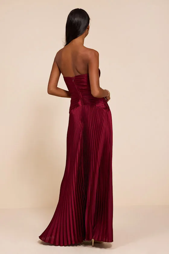 Elkay Burgundy Pleated Satin Drop Waist Maxi Dress sold by Lulus product image thumbnail 4