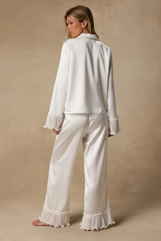 Melanie Ivory Satin Ruffled Two-Piece Pajama Set sold by Lulus product image thumbnail 4