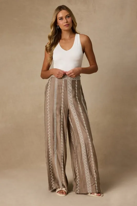 Tasia Taupe Embroidered Wide-Leg Pants made by Lulus