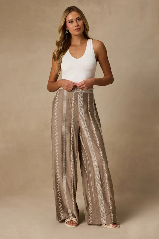 Tasia Taupe Embroidered Wide-Leg Pants sold by Lulus