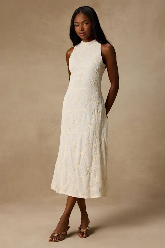 Danalee Cream Abstract Floral Embroidered Midi Dress sold by Lulus