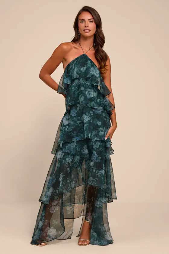 Melody Dark Green Floral Tiered Halter Maxi Dress sold by Lulus